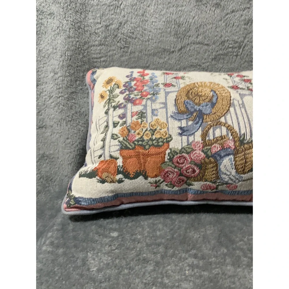 Vtg Garden Tapestry Throw Pillow Birdhouse Sun Hat Floral Accent Blue Cottage